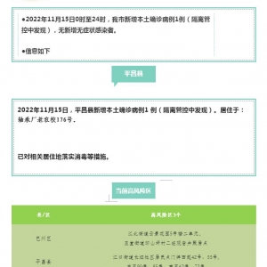 11月15日0时至24时，我市新增本土确诊病例1例（隔离管控中发现）