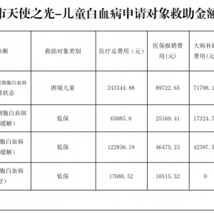 巴中市天使之光-儿童白血病申请对象救助金额公示