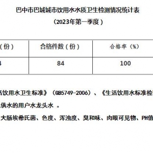 2023年第一季度巴城城市饮用水水质卫生检测合格率100%